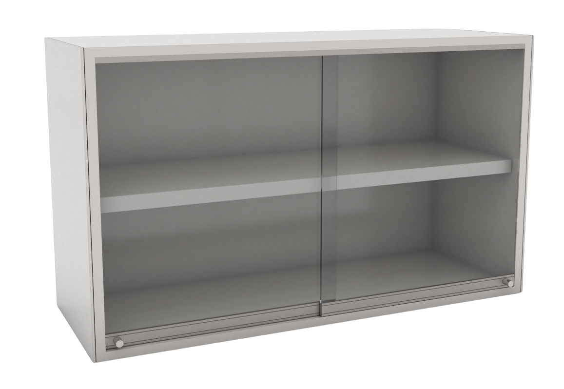 Vitrina de laboratorio para colgar en muro con dos puertas corredizas de vidrio templado y entrepaño ajustable, ideal para cristalería